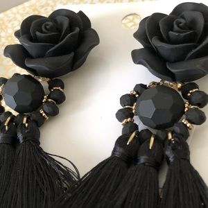 New Black Matte Roses Tassel Earrings